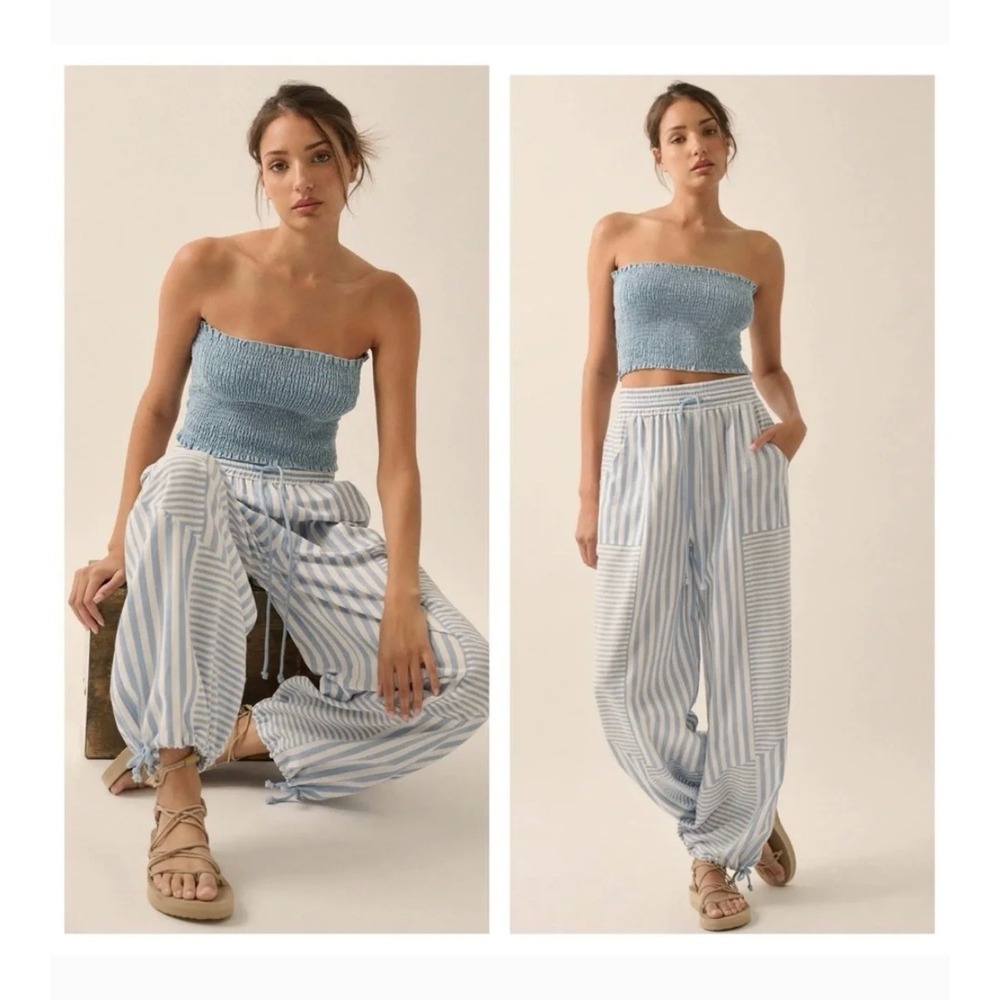 NWT Promesa Harem Pants Medium Blue White Striped Drawstring Boho Coastal Summer